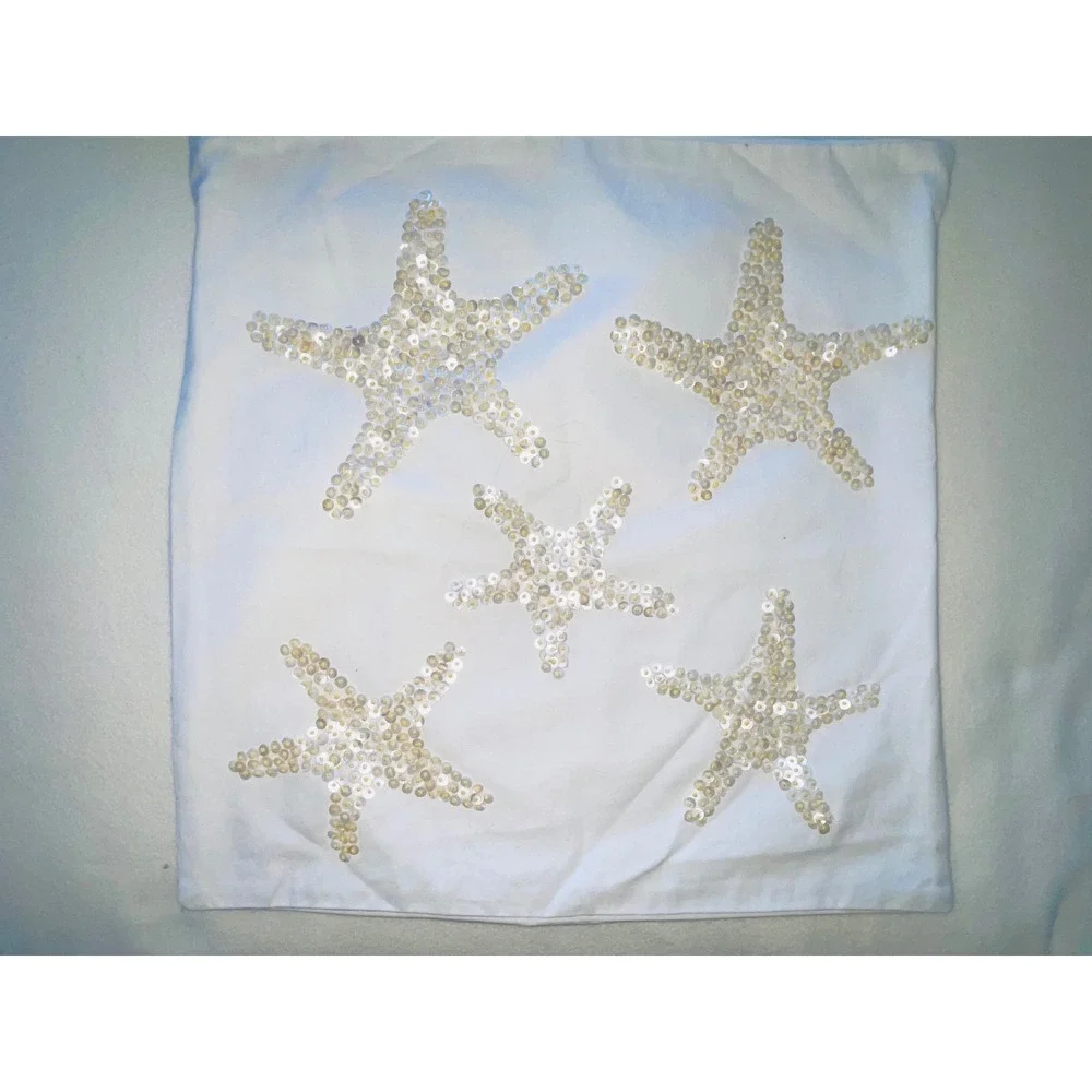 Pottery Barn Off White Cotton Pillow Cover Sequin Starfish 18x 18 Coastal